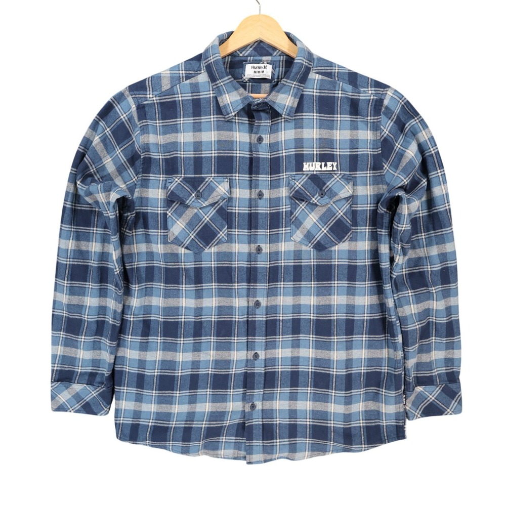Hurley Flannel Shirt Mens Medium Blue Plaid Cotton Blend Regular Fit Button Up